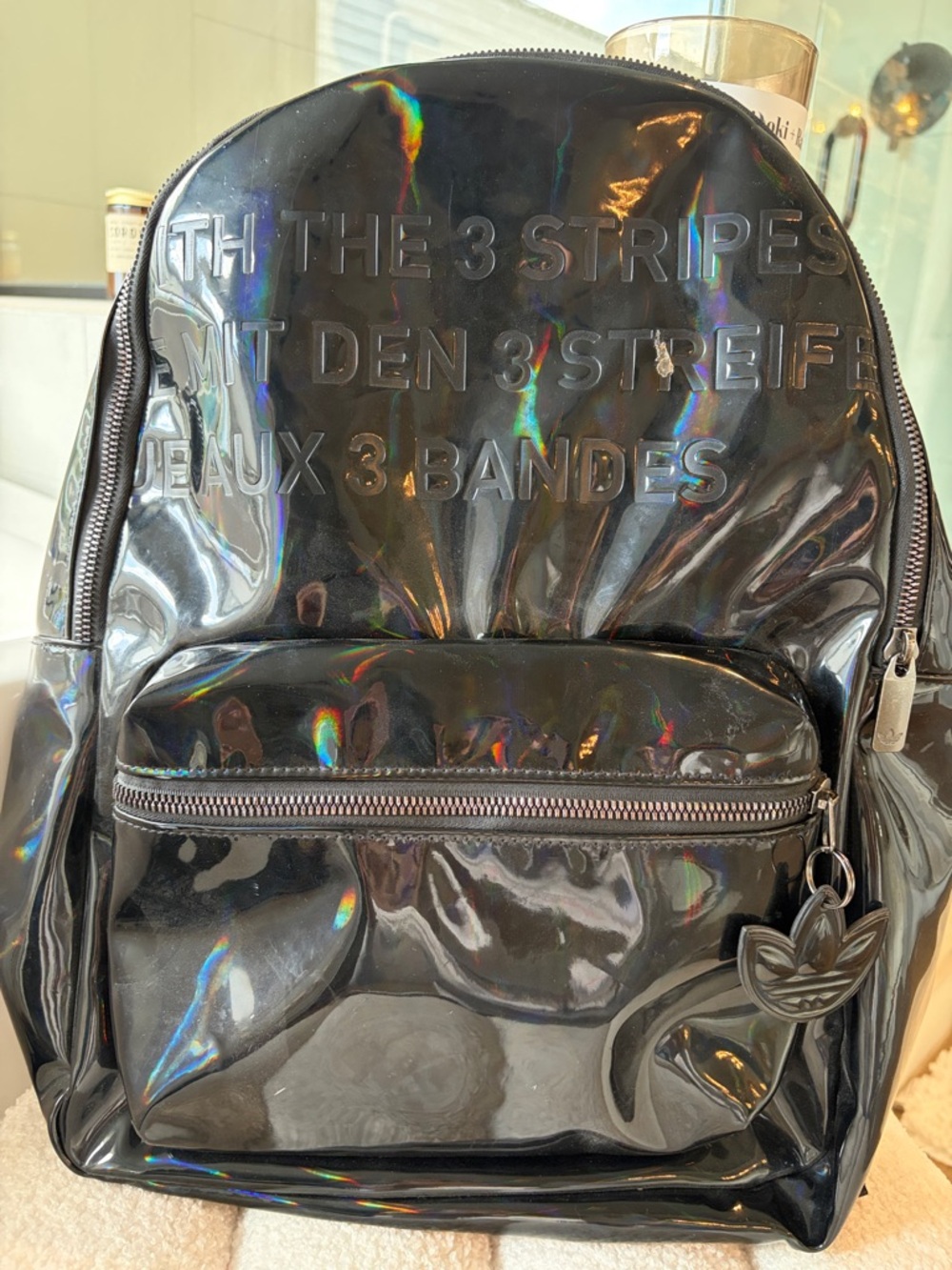 adidas Black Iridescent PVC Backpack with Embossed 3-Stripes Branding